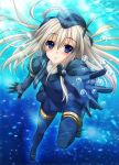  1girl aoi_hiro blue_eyes derivative_work jacket kantai_collection long_hair looking_at_viewer parted_lips reaching silver_hair solo submerged u-511_(kantai_collection) underwater 