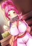  1girl :3 bare_shoulders between_breasts blush breasts dragon_quest dragon_quest_iii high_ponytail huge_breasts jewelry katori_(mocchidou) looking_at_viewer merchant_(dq3) navel pink_eyes pink_hair pinky_out ring solo 