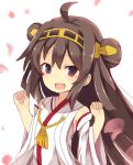  1girl ahoge brown_hair detached_sleeves double_bun fang hairband japanese_clothes kantai_collection kogalashi kongou_(kantai_collection) long_hair nontraditional_miko 