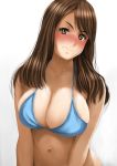  1girl bikini blush breasts brown_eyes brown_hair eyebrows highres kago_(lelien7) large_breasts long_hair looking_at_viewer navel original simple_background solo sweat swimsuit wavy_mouth white_background 