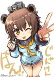 1girl brown_hair dress foreshortening hair_ornament headset horns kantai_collection kurono_tokage neckerchief one_eye_closed short_hair smile solo tongue tongue_out translation_request v white_dress yellow_eyes yukikaze_(kantai_collection) 