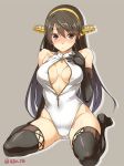  1girl abo_(hechouchou) black_hair blush boots breasts brown_eyes cleavage elbow_gloves gloves hairband haruna_(kantai_collection) kantai_collection leotard long_hair looking_at_viewer solo thigh-highs thigh_boots zipper 