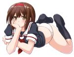  1girl blush brown_eyes brown_hair dd_(ijigendd) hairband kantai_collection lying on_stomach panties school_uniform serafuku shiratsuyu_(kantai_collection) short_hair simple_background solo underwear white_background white_panties 