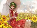  1girl artist_request ascot field flower flower_field green_hair holding_umbrella kazami_yuuka long_skirt outdoors parasol plaid plaid_skirt plaid_vest red_eyes shirt short_hair skirt skirt_set sky sunflower touhou umbrella vest white_shirt wind 