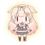  1girl black_gloves black_legwear black_ribbon black_skirt blonde_hair chibi eyebrows_visible_through_hair fingerless_gloves gloves hair_flaps hair_ornament hair_ribbon hairclip kantai_collection long_hair momoniku_(taretare-13) open_mouth pleated_skirt ribbon scarf school_uniform serafuku short_sleeves simple_background skirt solid_oval_eyes solo thigh-highs twitter_username white_scarf yuudachi_(kantai_collection) 