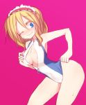  1girl alice_margatroid bent_over blonde_hair blue_eyes blush breasts cleavage cleavage_cutout hairband kuresento one_eye_closed solo sweat swimsuit touhou unzipped wavy_mouth zipper 