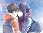  1boy 1girl aki_(neyuki41028) aldnoah.zero black_hair blush brown_eyes kaizuka_inaho kaizuka_yuki long_hair scarf short_hair siblings smile snow winter_clothes 