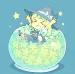  &gt;_&lt; 1girl :d \o/ arms_up bangs baron_(x5qgeh) blonde_hair blue_background bow bowl braid chibi hair_bow hat in_bowl in_container kirisame_marisa open_mouth outstretched_arms simple_background single_braid sitting smile solo star touhou witch_hat xd 