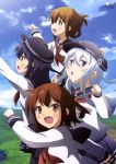  4girls absurdres akatsuki_(kantai_collection) blue_eyes blue_hair blush brown_eyes brown_hair clouds fang hat hibiki_(kantai_collection) highres ikazuchi_(kantai_collection) inazuma_(kantai_collection) kantai_collection multiple_girls nyantype official_art pantyhose school_uniform serafuku silver_hair sky 