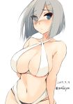  1girl alternate_costume bikini blue_eyes blush breasts cleavage dated hair_ornament hair_over_one_eye hairclip hamakaze_(kantai_collection) kantai_collection large_breasts looking_at_viewer navel short_hair silver_hair sketch solo swimsuit twitter_username zekkyon 