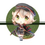  1boy cape chibi full_body green_eyes hair_flaps hat hotarumaru kan_(rainconan) katana looking_at_viewer male_focus open_mouth sheath sheathed shoes short_hair shorts simple_background sock_garters socks sode solo standing sword touken_ranbu weapon white_background 