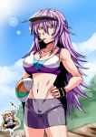  2girls ball bike_shorts blonde_hair blue_sky breasts cigarette cleavage clouds collarbone highres jumping large_breasts long_hair midriff multiple_girls navel open_mouth original purple_hair sky smile sports_bra toned tsuki_wani very_long_hair wrist_cuffs yellow_eyes 