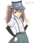  anger_vein arm_warmers asashio_(kantai_collection)_(cosplay) brown_eyes brown_hair clenched_hand hand_on_hip kantai_collection maruki_(punchiki) pleated_skirt ryuujou_(kantai_collection) skirt suspenders twintails visor_cap 