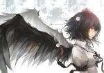  1girl black_hair black_wings breasts brown_eyes feathered_wings hat highres lens_flare light_smile looking_to_the_side neck_ribbon pom_pom_(clothes) profile puffy_short_sleeves puffy_sleeves ribbon rotain shameimaru_aya short_hair short_sleeves solo tokin_hat touhou upper_body white_background wings 