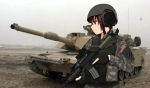  1girl american_flag arcieri_shinoya assault_rifle brown_hair car desert green_eyes gun headset helmet highres horizon load_bearing_vest m1_abrams m4_carbine military military_uniform military_vehicle motor_vehicle original photo_background profile rifle short_hair soldier solo tank trigger_discipline uniform vehicle war weapon 