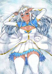  1girl andromeda_(p&amp;d) blue_eyes blush breasts cleavage cleavage_cutout dark_skin henry_bird_9 lying puzzle_&amp;_dragons silver_hair smile solo thigh-highs water zettai_ryouiki 