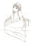  1girl barefoot dress_shirt long_hair monochrome original panties shirt sketch solo traditional_media underwear yoshitomi_akihito 