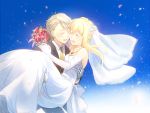  1boy 1girl aki_(neyuki41028) aldnoah.zero asseylum_vers_allusia blonde_hair blush bouquet bride carrying closed_eyes dress flower green_eyes groom highres jewelry long_hair open_mouth pendant princess_carry red_rose rose short_hair silver_hair slaine_troyard smile tears wedding 