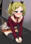  1girl asanagi black_eyes black_legwear blonde_hair blush hair_ornament hair_ribbon hairclip highres kneeling mole mole_under_eye ribbon shirobako short_hair short_twintails skirt solo sweat thigh-highs twintails v_arms yano_erika zettai_ryouiki 