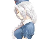  1girl braid closed_eyes dress hat large_breasts lips long_hair nurse_cap parted_lips portrait profile puffy_sleeves short_sleeves silver_hair simple_background single_braid solo tohya touhou white_background yagokoro_eirin 