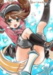  1girl arms_up brown_eyes brown_hair kantai_collection kurono_tokage looking_at_viewer magatama onmyouji open_mouth ryuujou_(kantai_collection) scroll shikigami smile solo visor_cap 