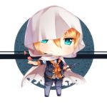  1boy aqua_eyes blonde_hair chibi cloak kan_(rainconan) katana looking_at_viewer male_focus sheath sheathed short_hair simple_background solo standing sword touken_ranbu weapon white_background yamanbagiri_kunihiro 