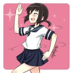  1girl :d ^_^ artist_name black_hair black_skirt blush closed_eyes commentary_request dancing fubuki_(kantai_collection) ishimari kantai_collection neckerchief open_mouth payot pleated_skirt ponytail school_uniform serafuku short_hair short_sleeves simple_background skirt smile solo 