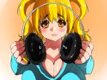  1girl blonde_hair blush breasts cleavage headphones headwear_removed huge_breasts isuna looking_at_viewer nitroplus orange_eyes plump short_hair smile solo super_pochaco twintails 