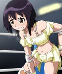  1girl bare_shoulders bioroid_hei black_hair boots brown_eyes commentary elbow_pads midriff no_mask solo spring_tiger sweat takaoka_haruna tiger_mask_(series) tiger_mask_w wrestling_outfit wrestling_ring 