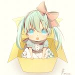  1girl aqua_eyes artist_name box chibi dress from_above giniro_suzu green_hair hair_ribbon hatsune_miku in_box in_container long_hair looking_at_viewer open_mouth ribbon solo twintails vocaloid 