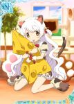  1girl alternate_costume animal_ears bell brown_eyes cat_ears cat_tail cheese fake_animal_ears jingle_bell kemonomimi_mode long_hair mahou_shoujo_madoka_magica mahou_shoujo_madoka_magica_movie momoe_nagisa object_hug official_art open_mouth sitting smile tail wariza white_hair 