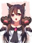  1girl animal_ears ascot brown_hair gloves imaizumi_kagerou jewelry long_hair long_sleeves looking_at_viewer open_mouth paw_gloves red_eyes renka_(sutegoma25) simple_background solo touhou wolf_ears 