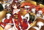  1girl blush breasts brown_hair flower food hair_flower hair_ornament horns japanese_clothes kimono large_breasts long_hair long_sleeves neo-masterpeacer new_year obi original osechi pointy_ears red_eyes sash sheep smile solo very_long_sleeves white_legwear 