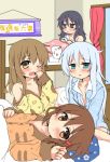  &gt;_&lt; 4girls :3 akatsuki_(kantai_collection) alternate_costume bare_shoulders bed bed_frame bed_sheet bedroom black_hair blue_eyes blush brown_eyes brown_hair commentary_request folded_ponytail hair_between_eyes hair_ornament hairclip hand_to_own_mouth hibiki_(kantai_collection) ikazuchi_(kantai_collection) inazuma_(kantai_collection) kantai_collection long_hair long_sleeves lying multiple_girls on_back one_eye_closed open_mouth oshiruko_(uminekotei) pajamas pillow short_hair silver_hair sitting sleepy under_covers violet_eyes yawning 