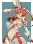  1girl animal_ears blue_background blue_eyes breasts cleavage cleavage_cutout elphelt_valentine gloves guilty_gear guilty_gear_xrd gun hat pink_hair rabbit_ears short_hair solo suo_(sndrta2n) weapon 