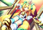  1girl :q banana blazblue blonde_hair crown dutch_angle food fruit grapes green_eyes gurasion_(gurasion) hairband holding long_hair looking_at_viewer mini_crown orange pineapple platinum_the_trinity sitting smile solo staff throne tongue tongue_out two_side_up 