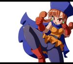  1girl alena_(dq4) boots breasts brown_hair cape dragon_quest dragon_quest_iv fighting_stance gloves hat letterboxed long_hair open_mouth pantyhose red_eyes red_gloves semikichi simple_background solo white_background 
