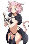  1girl animal_ears bikini blue_eyes breasts cat_ears cat_tail earrings final_fantasy final_fantasy_xiv heterochromia highres jewelry miqo&#039;te necklace pink_hair pu-chin short_hair smile solo swimsuit tail thigh-highs yellow_eyes 