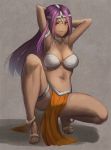  1girl anklet armpits arms_behind_head bracelet breasts choker circlet cleavage dark_skin dragon_quest dragon_quest_iv highres jewelry large_breasts loincloth long_hair manya midriff navel ookami_ryousuke purple_hair sandals shadow smile solo squatting thigh_strap 
