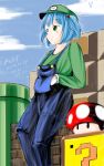  1girl :t ?_block blue_eyes blush clouds cosplay crossover dated eating gloves green_eyes hair_bobbles hair_ornament hands_in_pockets hat highres kawashiro_nitori leaning_back luigi luigi_(cosplay) mushroom overalls pipe signature solo super_mario_bros. super_mushroom touhou twintails warp_pipe white_gloves 