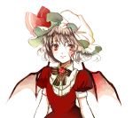  1girl alternate_costume bat_wings bow dress flower hat hat_bow lavender_hair looking_at_viewer mob_cap portrait puffy_sleeves red_dress red_eyes remilia_scarlet rose short_hair short_sleeves simple_background smile solo sugi touhou white_background wings 