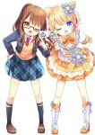  2girls bent_over blonde_hair blue_eyes brown_eyes brown_hair double_bun dress dual_persona frilled_dress frills glasses hair_ornament hand_on_hip highres holding idol kosuzume long_hair looking_at_viewer minami_mirei multiple_girls paper plaid plaid_skirt pleated_skirt ponytail puri_para school_uniform skirt winking 