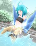  1girl ahoge artist_request blue_hair closed_eyes dutch_angle feathered_wings happy harpy monster_girl monster_musume_no_iru_nichijou navel open_mouth outdoors papi_(monster_musume) short_shorts shorts small_breasts smile solo splashing talons unbuttoned water wings 