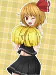  1girl adapted_costume alternate_costume blonde_hair blush bow cheerleader fang hair_bow hair_ornament looking_at_viewer midriff navel one_eye_closed open_mouth plaid plaid_background pokio pom_poms red_eyes rumia shirt short_hair skirt skirt_set sleeveless smile solo touhou 