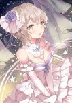  1girl anastasia_(idolmaster) bare_shoulders blue_eyes breasts cleavage detached_collar dress elbow_gloves flower frilled_dress frills gloves hair_flower hair_ornament hillly_(maiwetea) idolmaster idolmaster_cinderella_girls jewelry parted_lips short_hair silver_hair solo tiara wedding_dress 