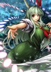  1girl breasts danmaku dress ex-keine green_dress horn_ribbon horns kamishirasawa_keine large_breasts long_hair neckerchief open_mouth outstretched_arm puffy_short_sleeves puffy_sleeves red_eyes ribbon shirt short_sleeves silver_hair smile solo touhou umigarasu_(kitsune1963) very_long_hair 