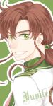  1boy bishoujo_senshi_sailor_moon brown_hair character_name formal genderswap green_background green_eyes grin hair_bobbles hair_ornament kino_makoto long_hair looking_back low_ponytail lowres male_focus nickii25 payot smile solo suit upper_body 