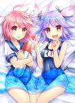  2girls :d blue_hair gradient_hair hair_ornament hair_ribbon heart i-19_(kantai_collection) i-58_(kantai_collection) kantai_collection long_hair looking_at_viewer multicolored_hair multiple_girls open_mouth pink_hair red_eyes ribbon school_swimsuit school_uniform smile swimsuit swimsuit_under_clothes torpedo u_rin 