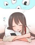  1girl ^_^ akagi_(kantai_collection) akky_(akimi1127) brown_hair closed_eyes commentary_request dreaming drooling food highres kantai_collection long_hair onigiri open_mouth sketch sleeping solo 
