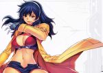  1girl absurdres bikini bikini_top blue_eyes blue_hair blush breasts character_name character_request cleavage freezing gloves hairband highres huge_filesize jacket kim_kwang_hyun large_breasts lips long_hair long_sleeves looking_at_viewer midriff navel official_art open_mouth parted_lips red_bikini scan short short_shorts shorts solo stomach swimsuit 